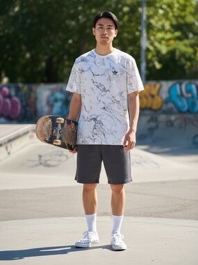 Adidas Skateboarding Mens Marble 2.0 Tee in White & Gray Crewneck, M